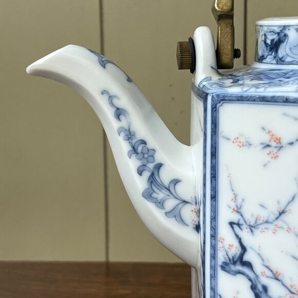 Chinese Porcelain Hexagonal Teapot Brass Handle White & Blue without Lid - Picture 7 of 16